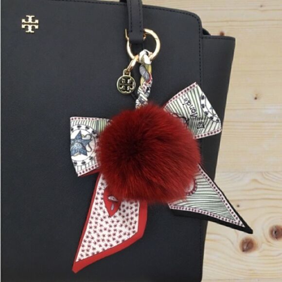 TORY BURCH KEY CHARM FOX FUR SILKY BOW - Picture 1 of 5